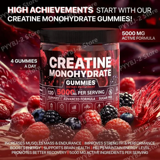 Gummies de créatine monohydrate saveur framboise et mûre sans sucre pour hommes et femmes, supplément de créatine pré-entraînement, 120 unités