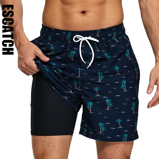 ESCATCH Nouveauté Été 2026 Maillot de Bain Homme Respirant à Doublure Longue, Séchage Rapide, avec Poche Zippée, pour la Plage et le Sport
