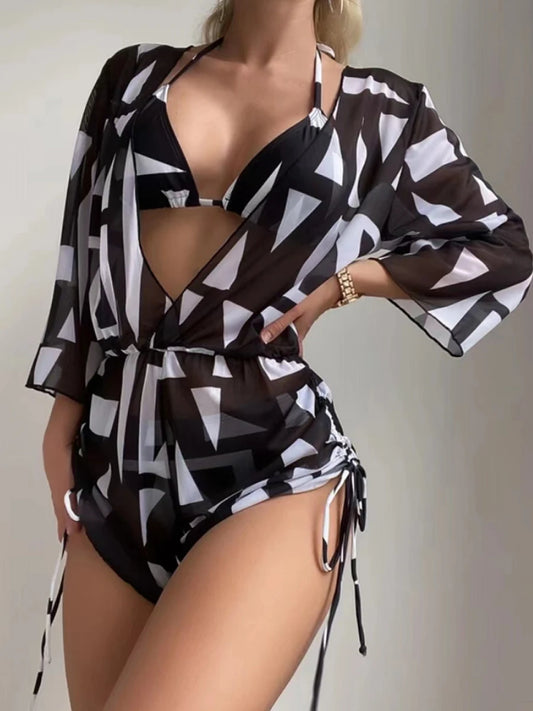 3 pièces licou Bikini imprimé Tropical maillot de bain cordon côté maillots de bain femmes à manches longues maillot de bain femme vêtements de plage de natation