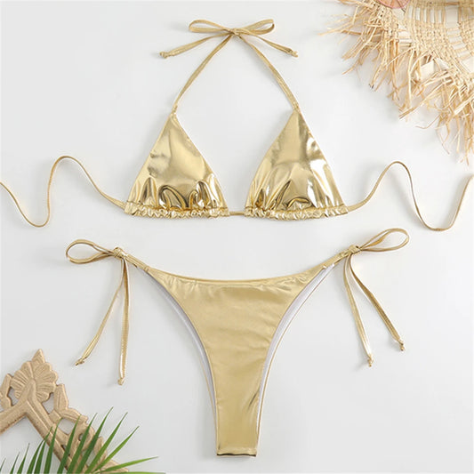 Licou Triangle Sexy Bikini ensembles 2025 femmes en cuir verni paillettes maillot de bain été solide string maillots de bain côté à lacets Monokini